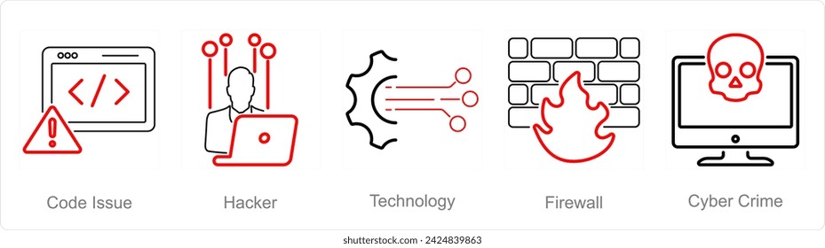Un conjunto de 5 iconos de seguridad cibernética como problema de código, hacker, tecnología