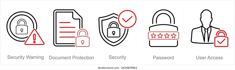 A set of 5 Cyber Security icons as security warning, document protection, security