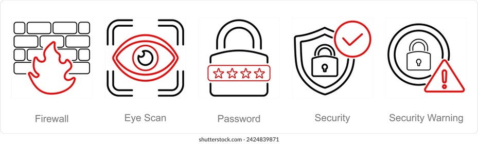 Un conjunto de 5 iconos de seguridad cibernética como firewall, escaneo ocular, contraseña