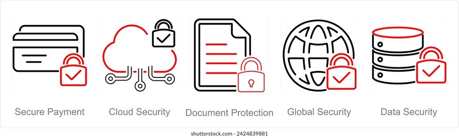 A set of 5 Cyber Security icons as secure payment, cloud security, document protection