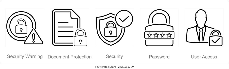 A set of 5 Cyber Security icons as security warning, document protection, security