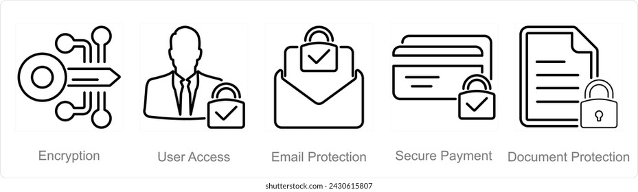 Un conjunto de 5 iconos de seguridad cibernética como cifrado, acceso de usuario, protección de correo electrónico