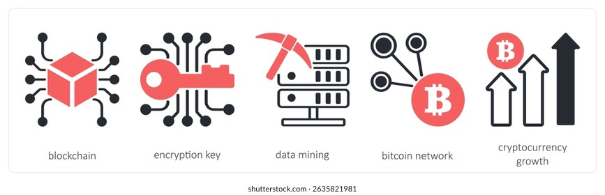 A set of 5 cyrptocurrency icons as blockchain, encryption key, data mining