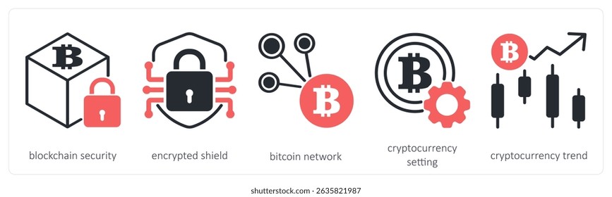 A set of 5 cyrptocurrency icons as blockchain security, encrypted shield, bitcoin network