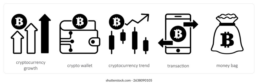 A set of 5 cyrptocurrency icons as cryptocurrency growth, crypto wallet, cryptocurrency trend