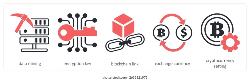 A set of 5 cyrptocurrency icons as data mining, encryption key, blockchain link