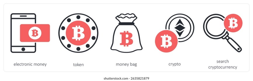 A set of 5 cyrptocurrency icons as electronic money, token