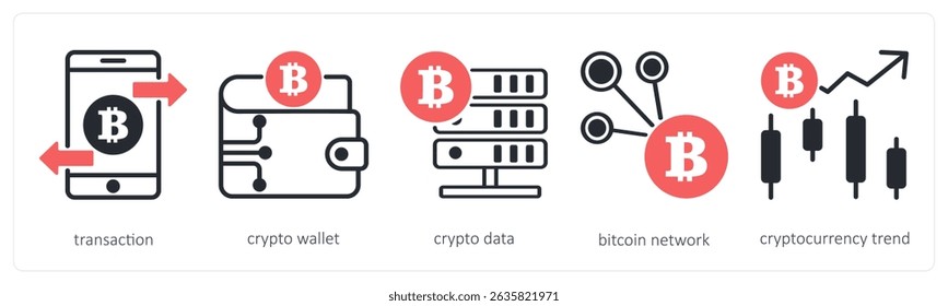 A set of 5 cyrptocurrency icons as transaction, crypto wallet, crypto data
