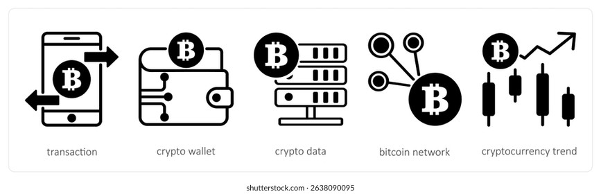 A set of 5 cyrptocurrency icons as transaction, crypto wallet, crypto data