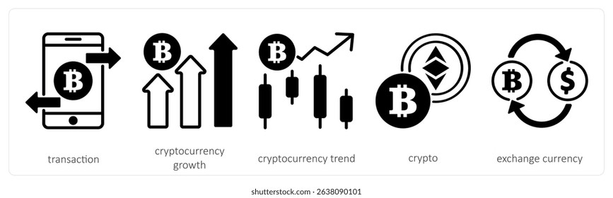 A set of 5 cyrptocurrency icons as transaction, cryptocurrency growth, cryptocurrency trend crypto