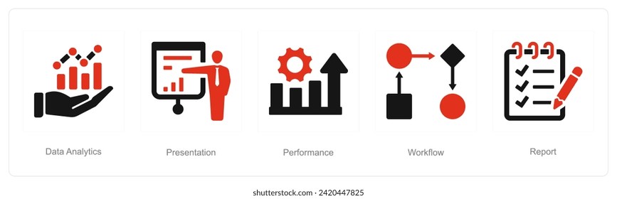 A set of 5 Data analysis icons as data analytics, presentation, performance