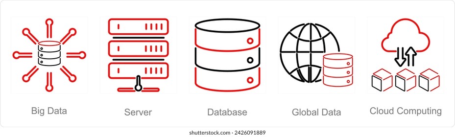 A set of 5 data analytics icons as big data, server, database