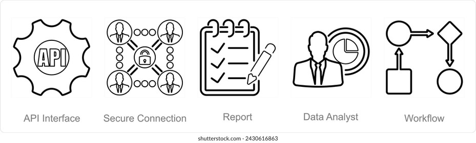 A set of 5 data analytics icons as api interface, secure connection, report