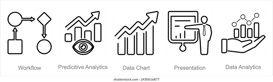 A set of 5 data analytics icons as workflow, predictive analytics, data chart