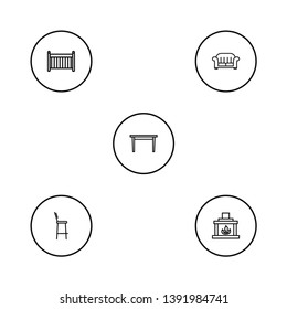 Set of 5 decor icons line style set. Collection of sofa, cot, chimney and other elements.