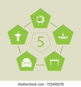 Set Of 5 Decor Icons Set.Collection Of Sink, Desk, Luster And Other Elements.