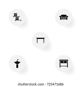 Set Of 5 Decor Icons Set.Collection Of Bedside Table, Couch, Desk And Other Elements.