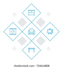 Set Of 5 Decor Outline Icons Set.Collection Of Table, Closet, Nightstand Elements.