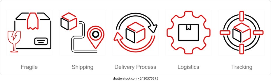 A set of 5 delivery icons as fragile, shipping, delivery process