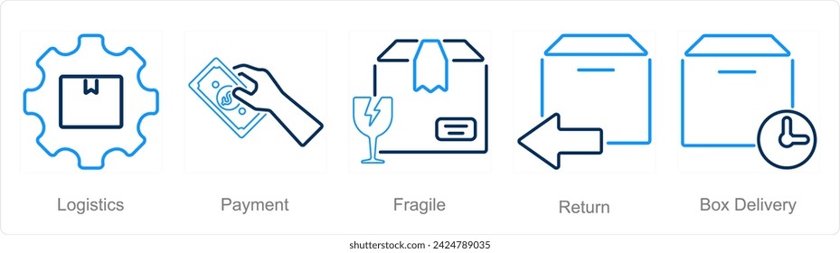 A set of 5 delivery icons as logistics, payment, fragile