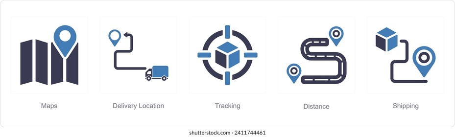 Un conjunto de 5 iconos de entrega como mapas, ubicación de entrega, seguimiento