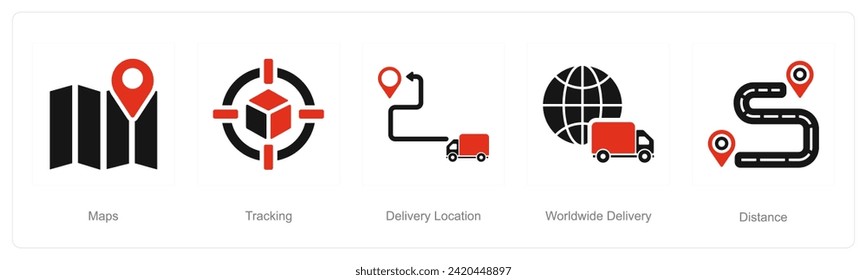 Un conjunto de 5 iconos de entrega como mapas, seguimiento, ubicación de entrega