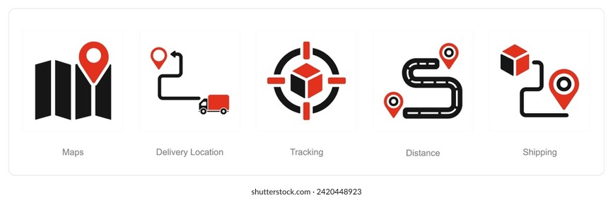 A set of 5 delivery icons as maps, delivery location, tracking