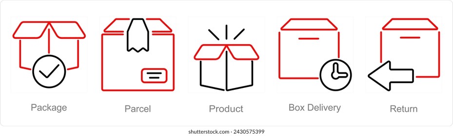 A set of 5 delivery icons as package, parcel, product