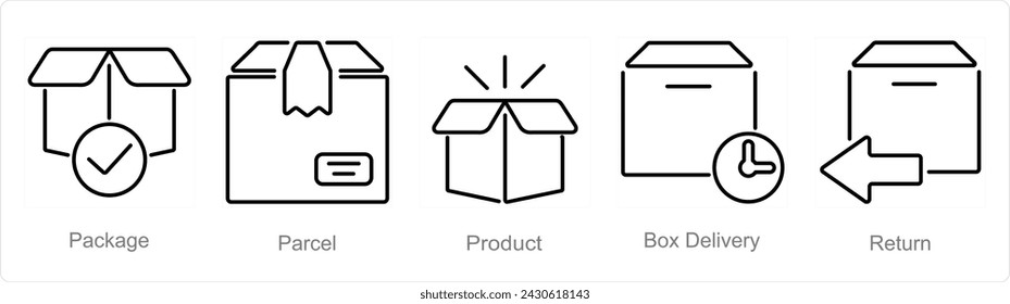 A set of 5 delivery icons as package, parcel, product