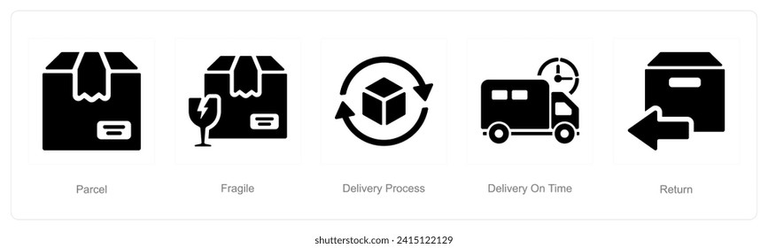 A set of 5 delivery icons as parcel, fragile, delivery process
