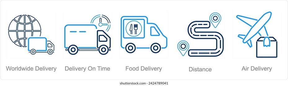A set of 5 delivery icons as worldwide delivery, delivery on time, food delivery