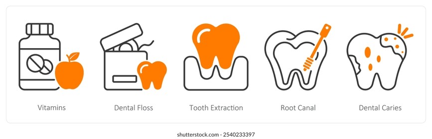 A set of 5 Dental Care icons as vitamins, dental floss, tooth extraction