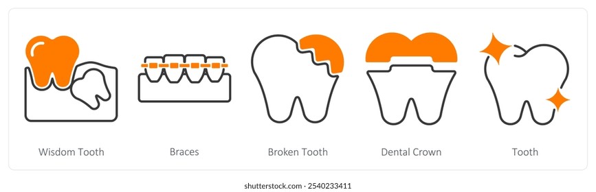 Un conjunto de 5 iconos de cuidado dental como muela del juicio, aparatos ortopédicos, diente roto