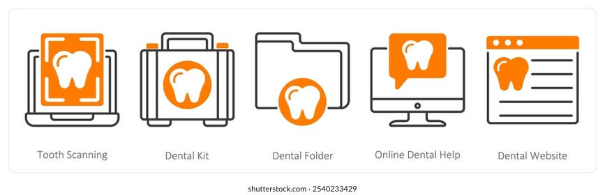 Un conjunto de 5 iconos de cuidado dental como escaneo de dientes, kit dental, carpeta dental