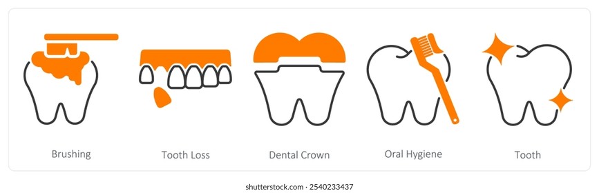 A set of 5 Dental Care icons as brushing, tooth loss, dental crown