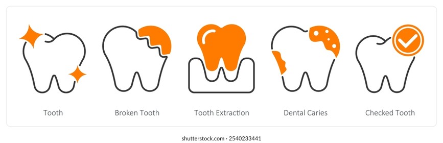 A set of 5 Dental Care icons as tooth, broken tooth, tooth extraction