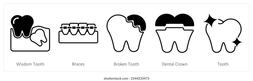 Un conjunto de 5 iconos de cuidado dental como muela del juicio, aparatos ortopédicos, diente roto