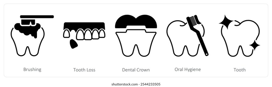 A set of 5 Dental Care icons as brushing, tooth loss, dental crown