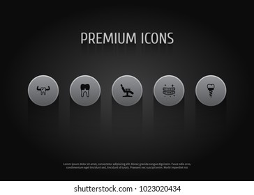 Set of 5 dentist icons set. Collection of alumina, chair, implant and other elements.