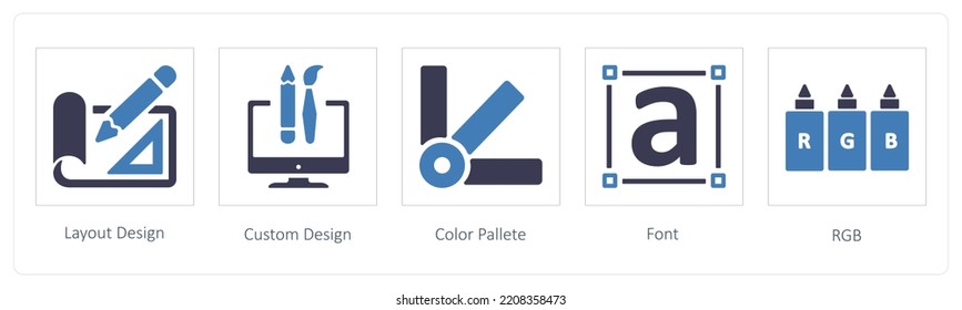 A set of 5 Design And Creativity icons such as Layout Design, Custom Design and font