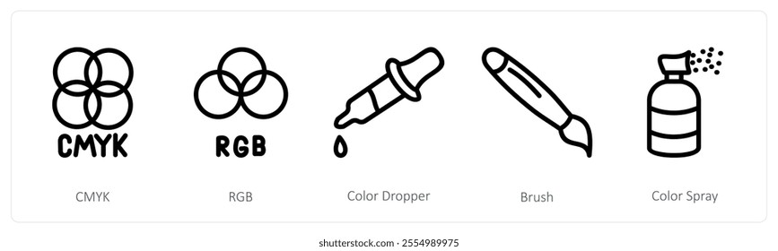 A set of 5 design icons as cmyk, rgb, color dropper