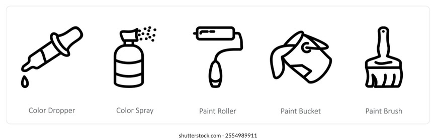 A set of 5 design icons as color dropper, color spray, paint roller