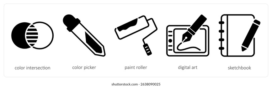 A set of 5 design icons as color intersection, color picker, paint roller