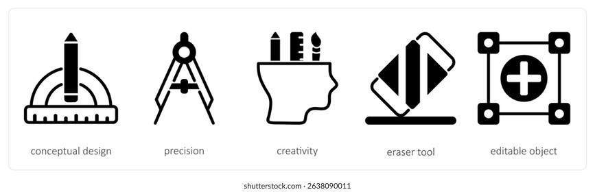 A set of 5 design icons as conecptual design, precision, creativity