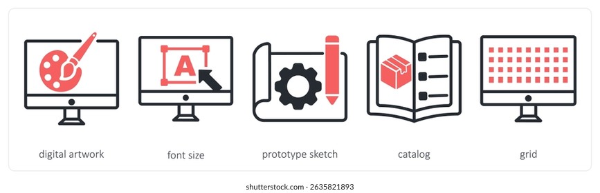 A set of 5 design icons as digital artwork, font size, prototype sketch