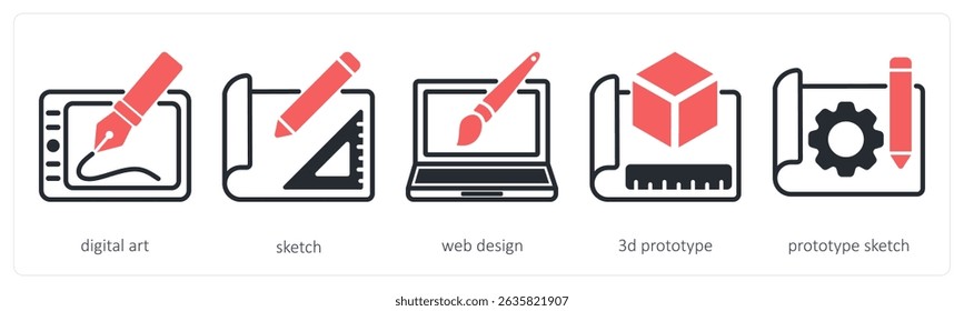 A set of 5 design icons as digital art, sketch, web design