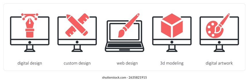 A set of 5 design icons as digital design, custom design, web design