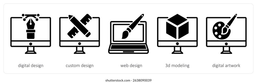 A set of 5 design icons as digital design, custom design, web design