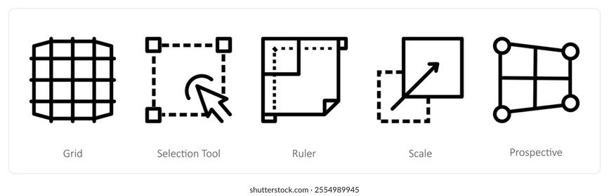 A set of 5 design icons as grid, selection tool, ruler