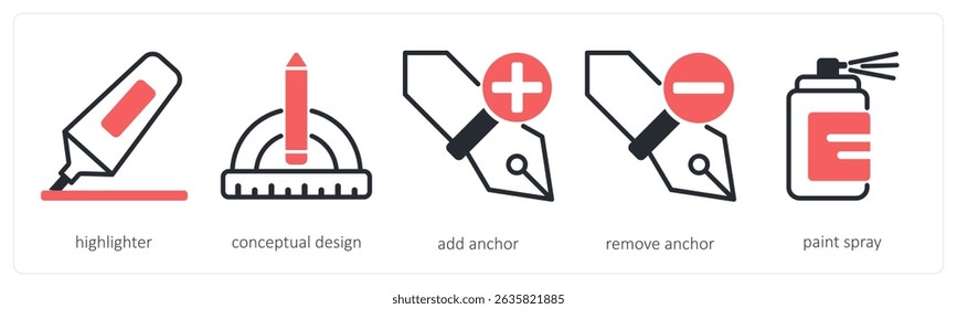 A set of 5 design icons as highlighter, conceptual design, add anchor